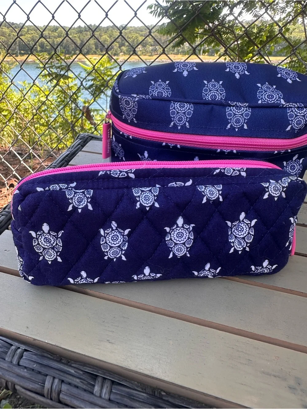 Never Used Vera Bradley Navy & Pink Turtle Print Cosmetic Bag Set